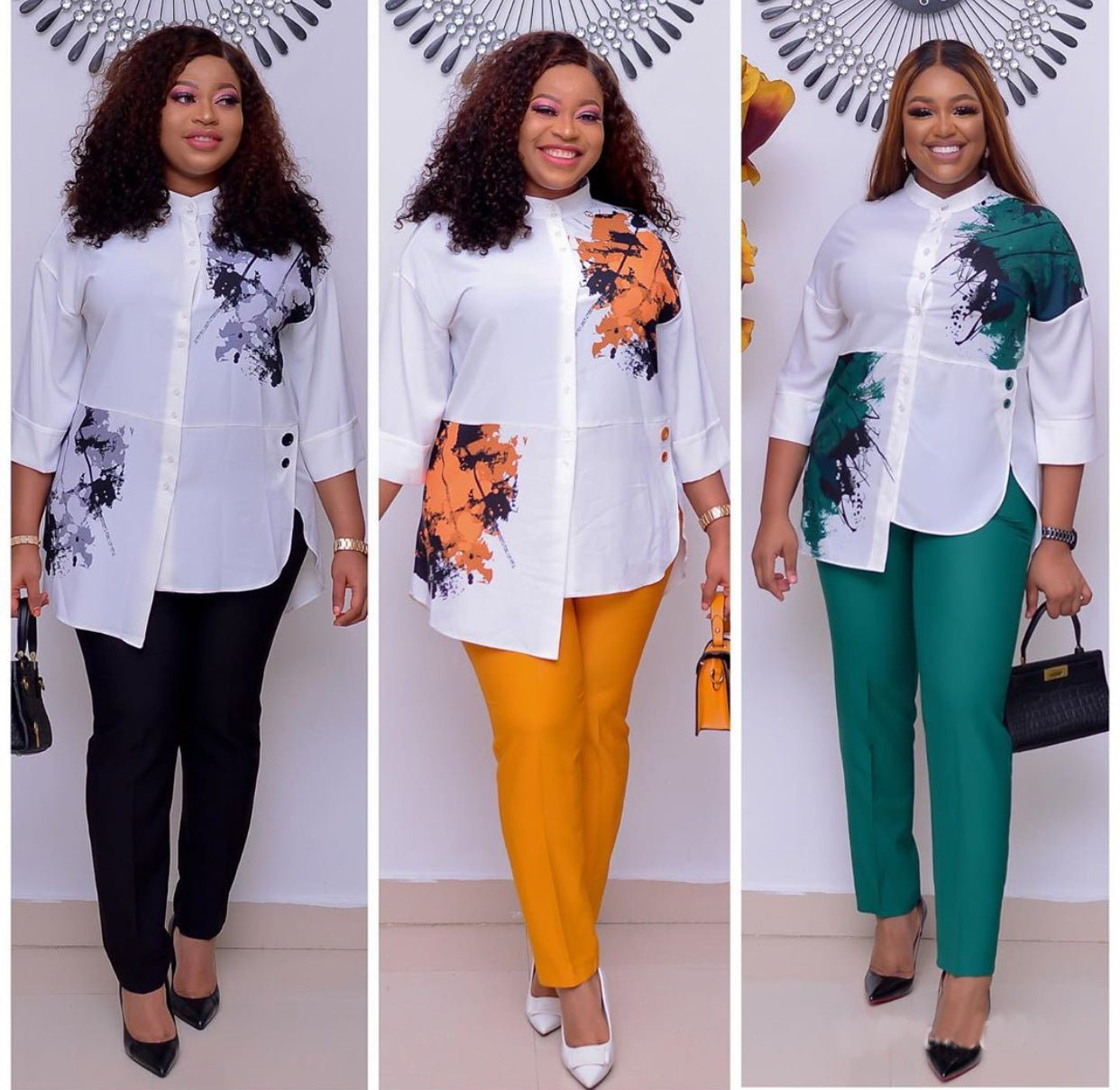 Women Fashion Suits Print Shirt and Pants Set