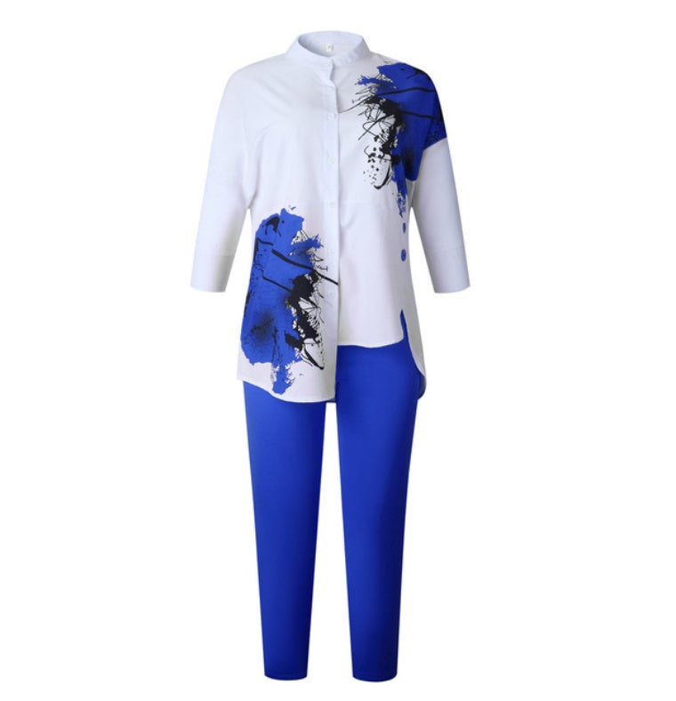 Women Fashion Suits Print Shirt and Pants Set