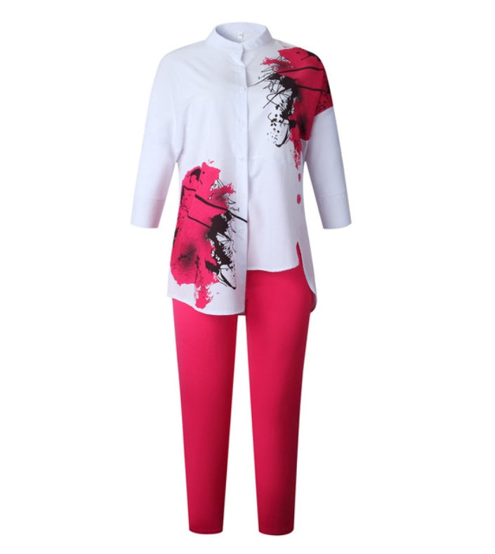 Women Fashion Suits Print Shirt and Pants Set