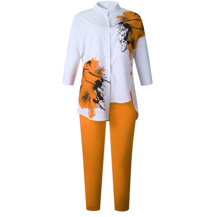 Women Fashion Suits Print Shirt and Pants Set